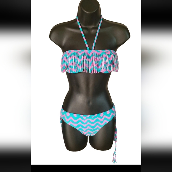 Billabong 2 Piece Swimsuit wit tasseled Halter nylon Pink Blue Chevron Bikini. - Picture 2 of 8